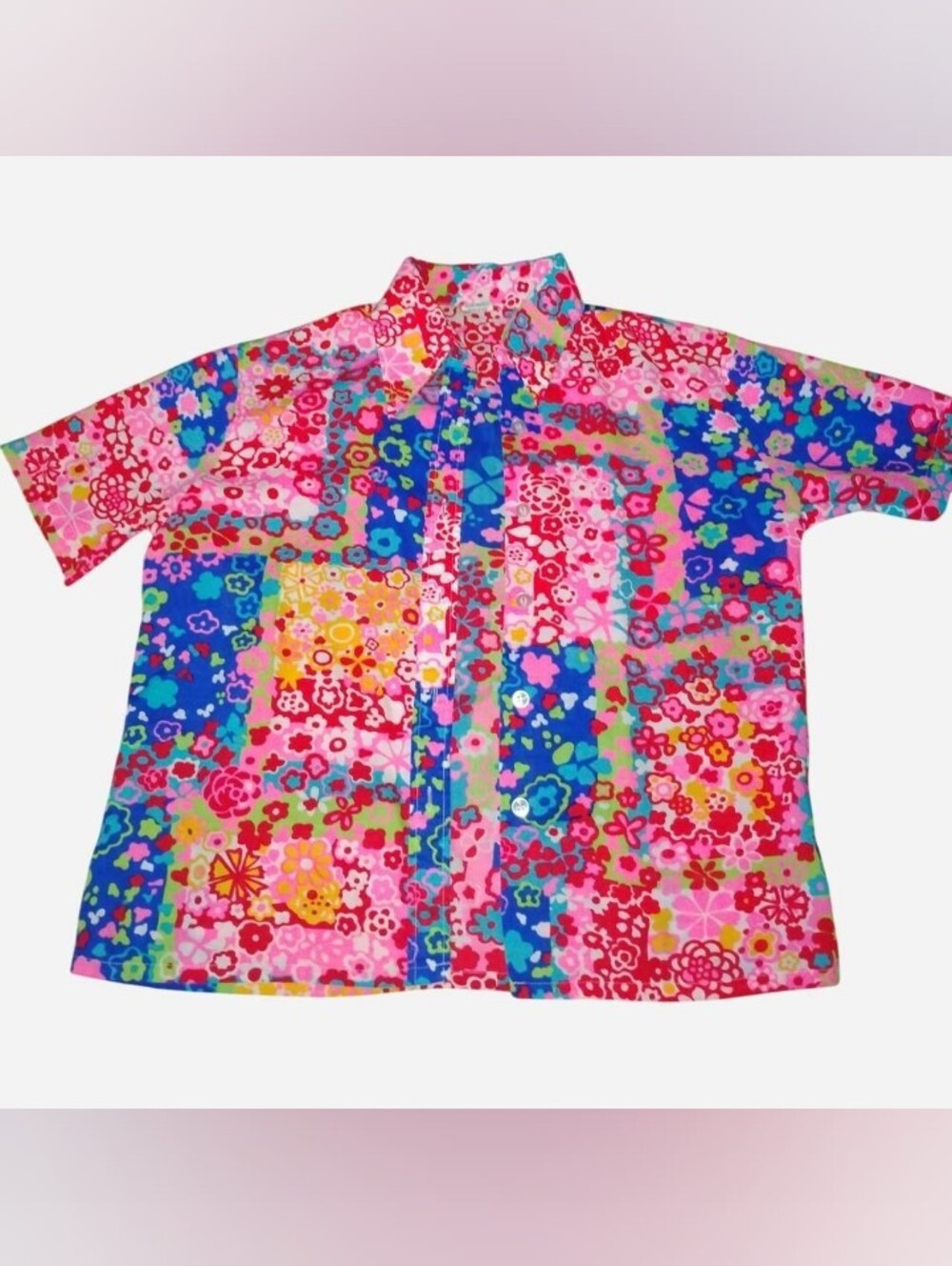 Vintage 70s Joyce Lane Floral Patchwork Short Sleeve Button Up Top - Size Large